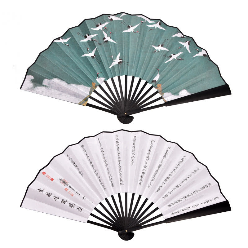 Buddha Stones Cranes Auspicious Clouds Solid Color Gradient Handheld Cotton Linen Fabric Bamboo Folding Fan Folding Fan BS Black Crane Ancient Poem Black 33cm
