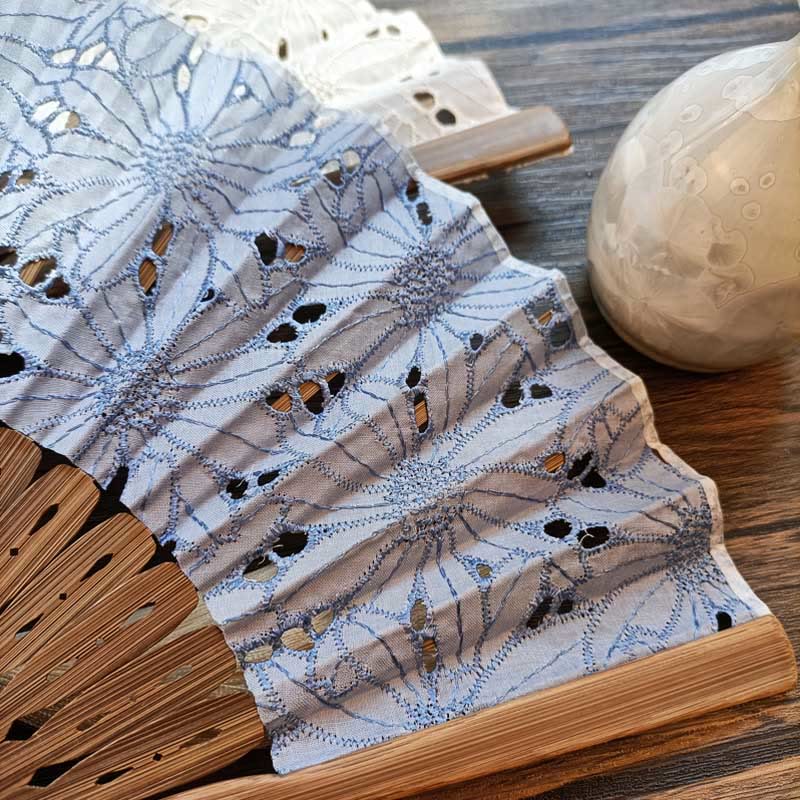 Buddha Stones Solid Color Hollow Flowers Embroidery Cotton Fabric Handheld Bamboo Folding Fan Folding Fan BS 7