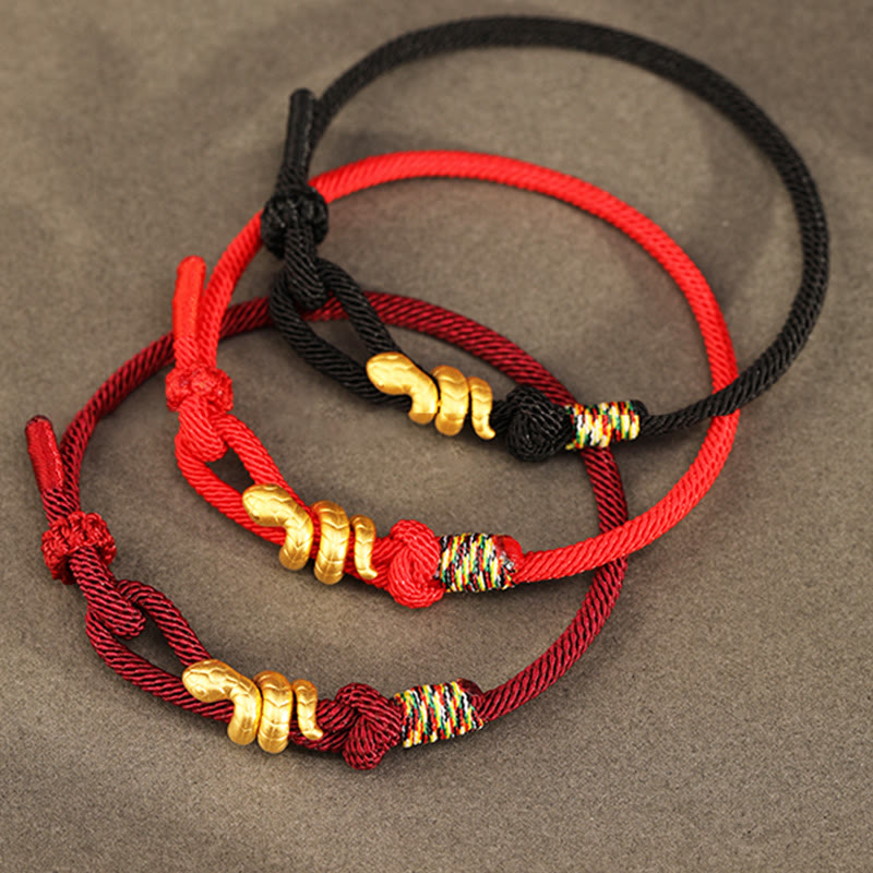 Buddha Stones 999 Gold Year of the Snake Design Handmade Luck Protection Rope Braided Bracelet - image 1
