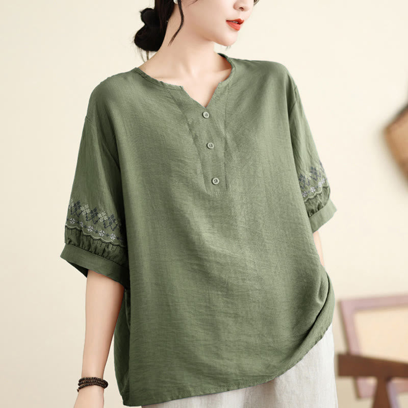 Buddha Stones Vintage Half Sleeve Embroidery Design Cotton Linen T-shirt Tee - DarkSeaGreen - US4-6,UK/AU8-10,EU36-38 (F) - image 0