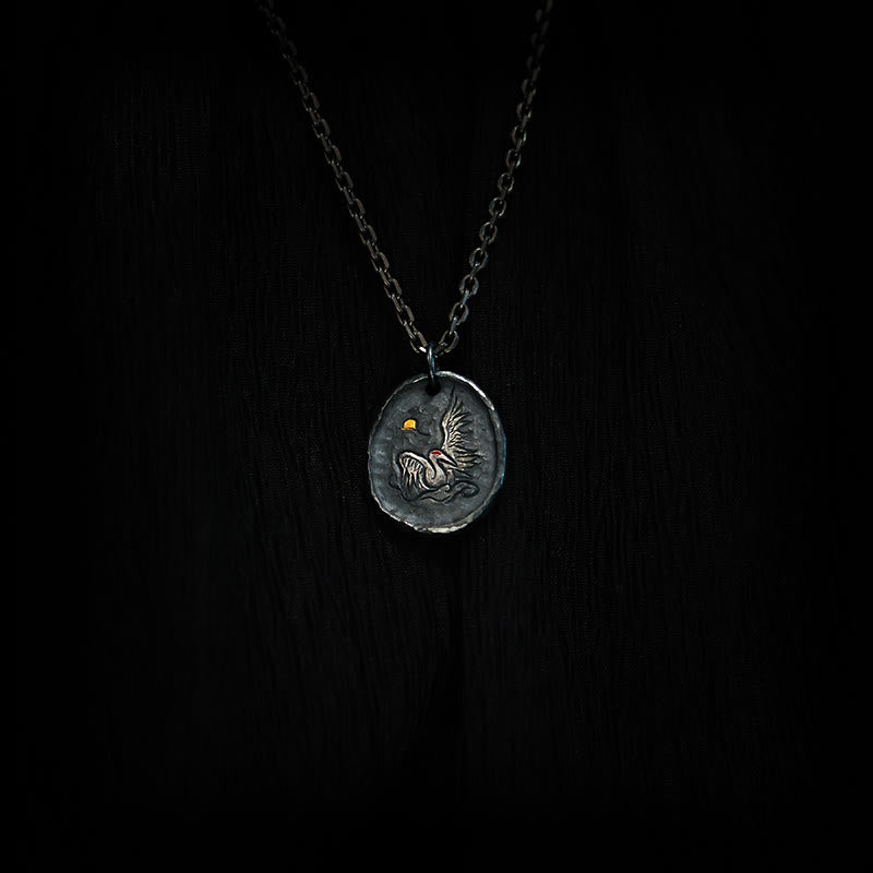 Buddha Stones 999 Sterling Silver 24k Gold Crane Auspicious Clouds Balance Necklace Pendant Necklaces & Pendants BS 1