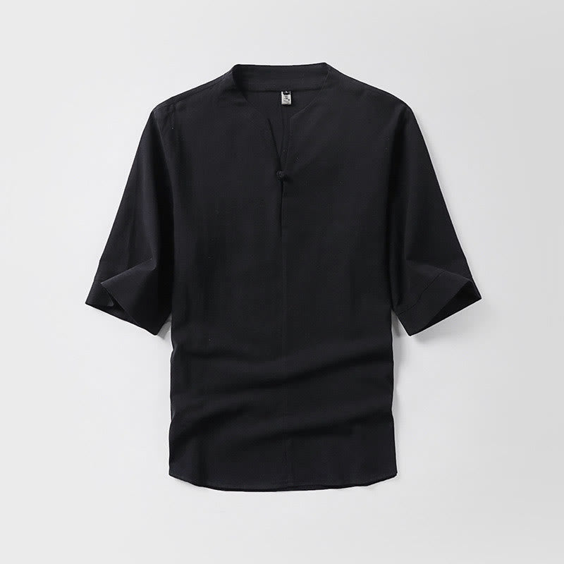 Buddha Stones Casual Plain Color One Button Three Quarter Sleeve Cotton Linen Men's Shirt - Black - US/UK/AU54,EU64 (9XL) - image 2