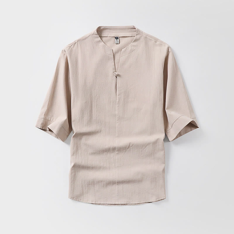 Buddha Stones Casual Plain Color One Button Three Quarter Sleeve Cotton Linen Men's Shirt - Wheat - US/UK/AU54,EU64 (9XL) - image 4