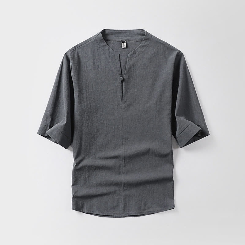 Buddha Stones Casual Plain Color One Button Three Quarter Sleeve Cotton Linen Men's Shirt - Gray - US/UK/AU54,EU64 (9XL) - image 0