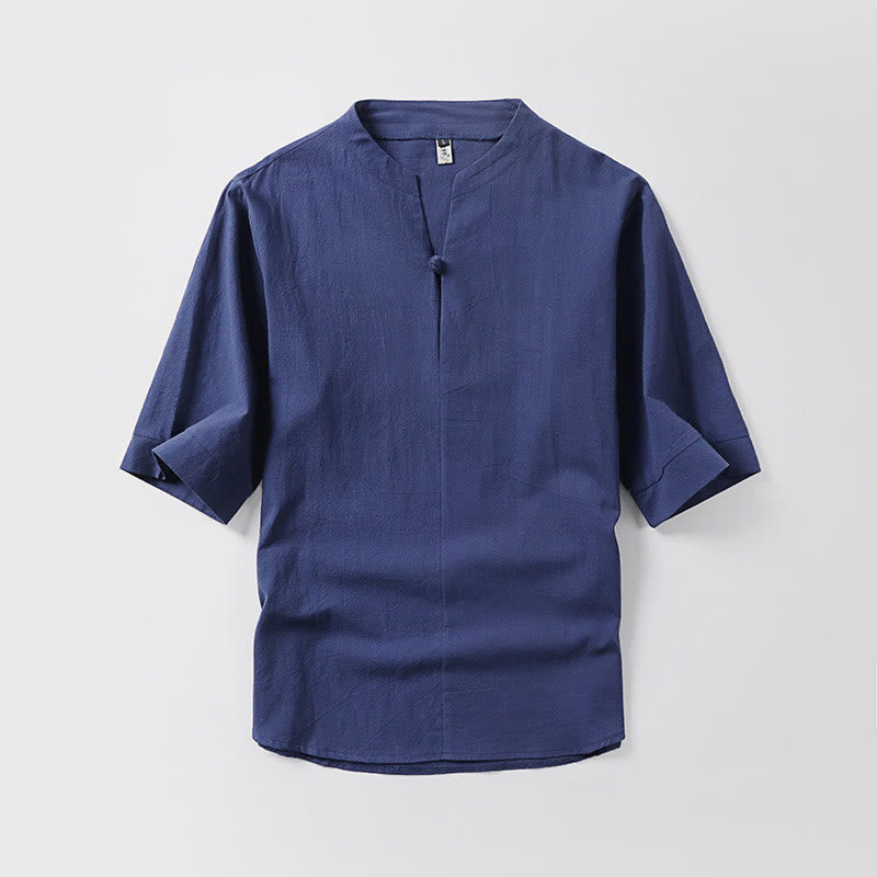 Buddha Stones Casual Plain Color One Button Three Quarter Sleeve Cotton Linen Men's Shirt - DarkBlue - US/UK/AU54,EU64 (9XL) - image 6