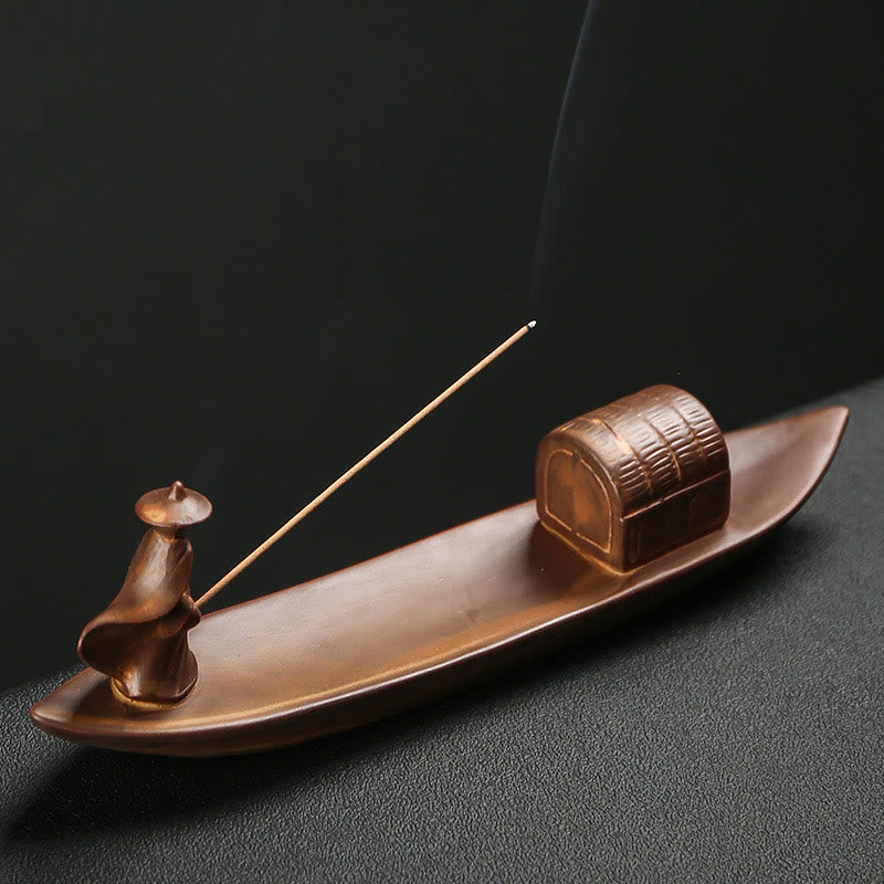 Buddha Stones Fisherman Fishing Boat Bamboo Person Hand Lotus Spiritual Healing Ceramic Stick Incense Burner Decoration - image 2