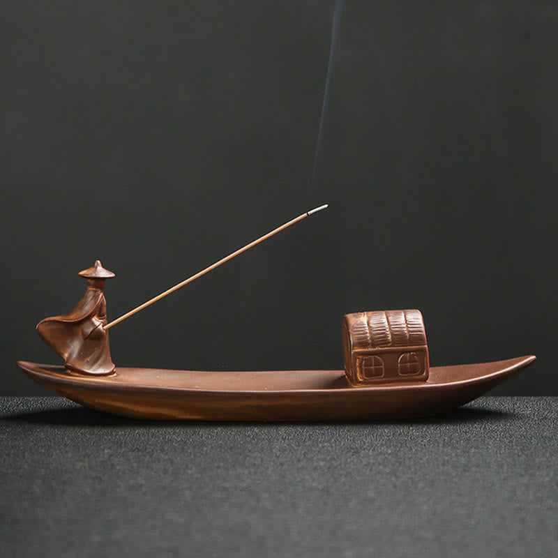 Buddha Stones Fisherman Fishing Boat Bamboo Person Hand Lotus Spiritual Healing Ceramic Stick Incense Burner Decoration - Fisherman 25.8*5*7.5cm - image 0