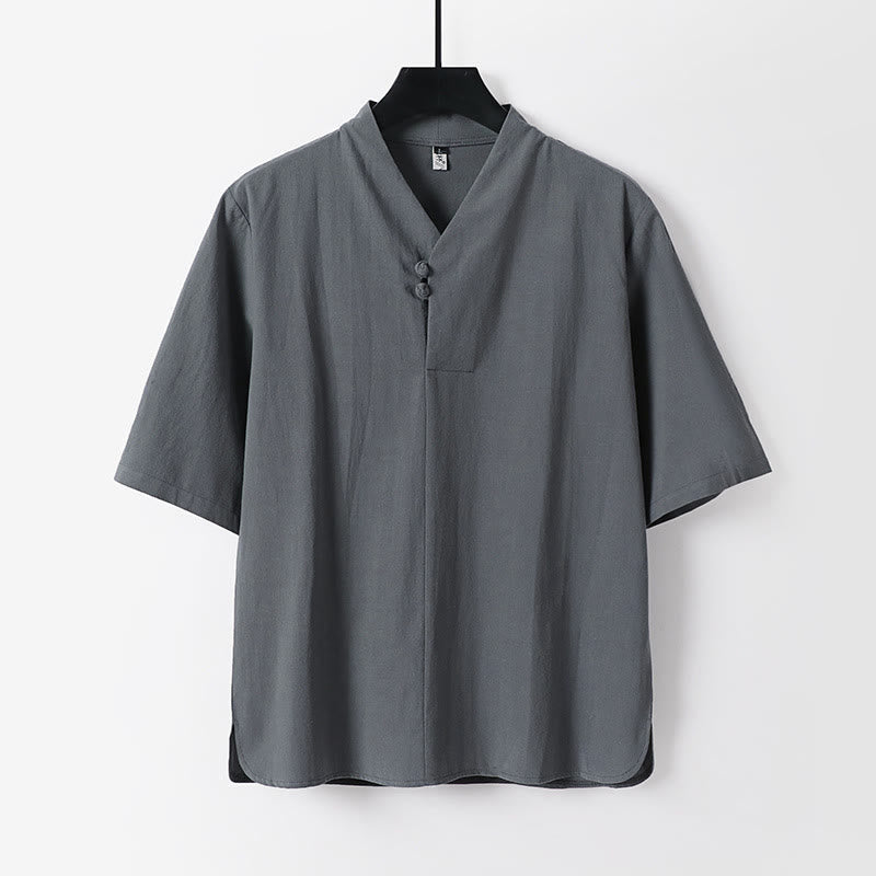 Buddha Stones Casual Plain Color Two Buttons Three Quarter Sleeve Cotton Linen Men's Shirt - Gray - US/UK/AU54,EU64 (9XL) - image 2