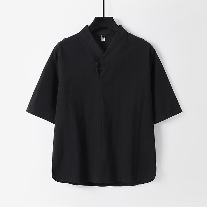 Buddha Stones Casual Plain Color Two Buttons Three Quarter Sleeve Cotton Linen Men's Shirt - Black - US/UK/AU54,EU64 (9XL) - image 4