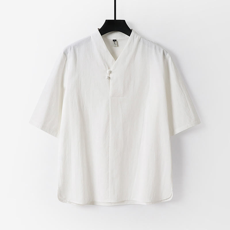 Buddha Stones Casual Plain Color Two Buttons Three Quarter Sleeve Cotton Linen Men's Shirt - White - US/UK/AU54,EU64 (9XL) - image 1