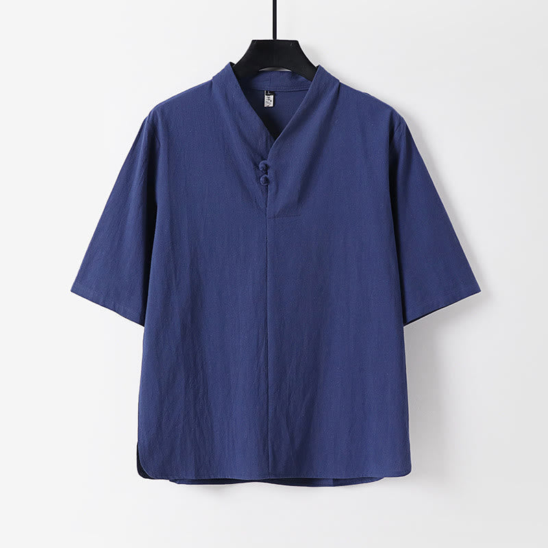 Buddha Stones Casual Plain Color Two Buttons Three Quarter Sleeve Cotton Linen Men's Shirt - DarkBlue - US/UK/AU54,EU64 (9XL) - image 0