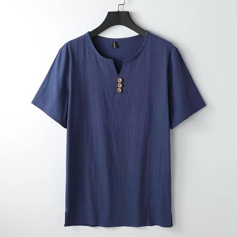 Buddha Stones Solid Color V-neck Three Top Buttons Short Sleeve Cotton linen Men's Shirt - DarkBlue - US/UK/AU44,EU54 (5XL) - image 8