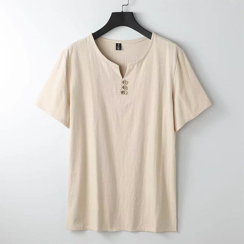 Buddha Stones Solid Color V-neck Three Top Buttons Short Sleeve Cotton linen Men's Shirt - Wheat - US/UK/AU44,EU54 (5XL) - image 0