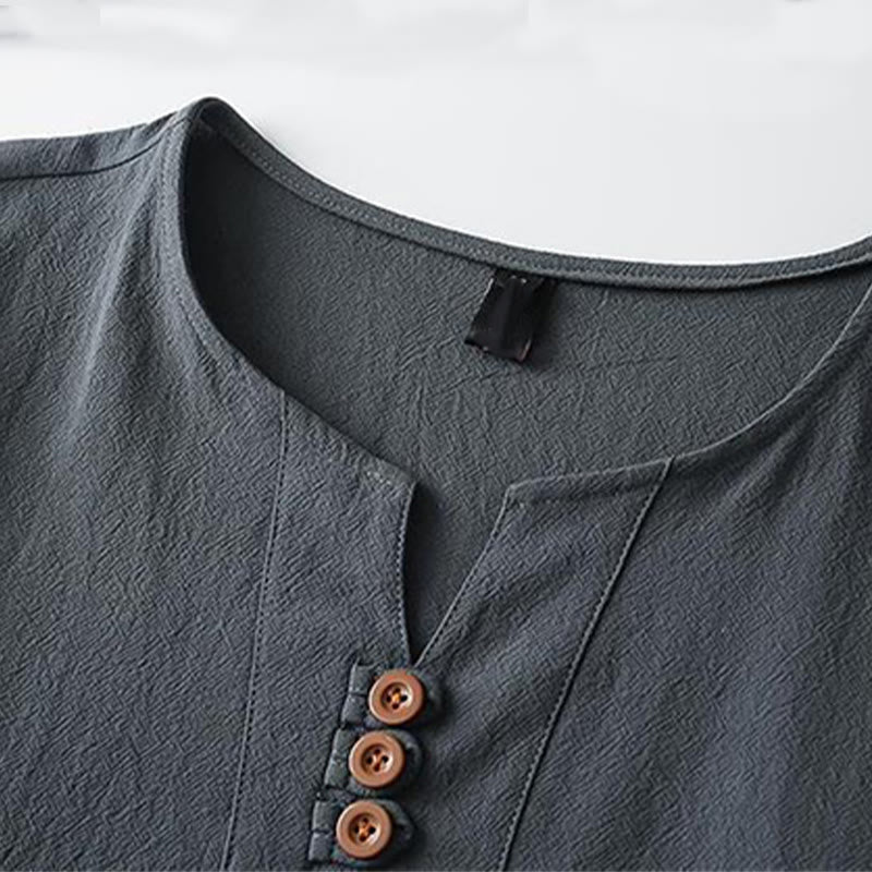Buddha Stones Solid Color V-neck Three Top Buttons Short Sleeve Cotton linen Men's Shirt - image 5