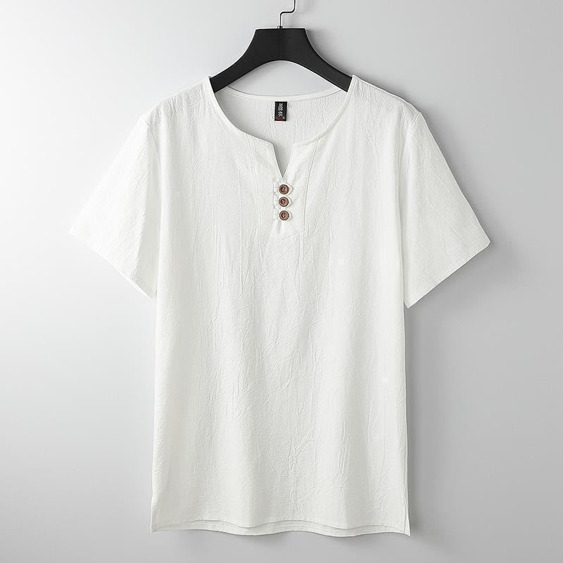 Buddha Stones Solid Color V-neck Three Top Buttons Short Sleeve Cotton linen Men's Shirt - White - US/UK/AU44,EU54 (5XL) - image 1