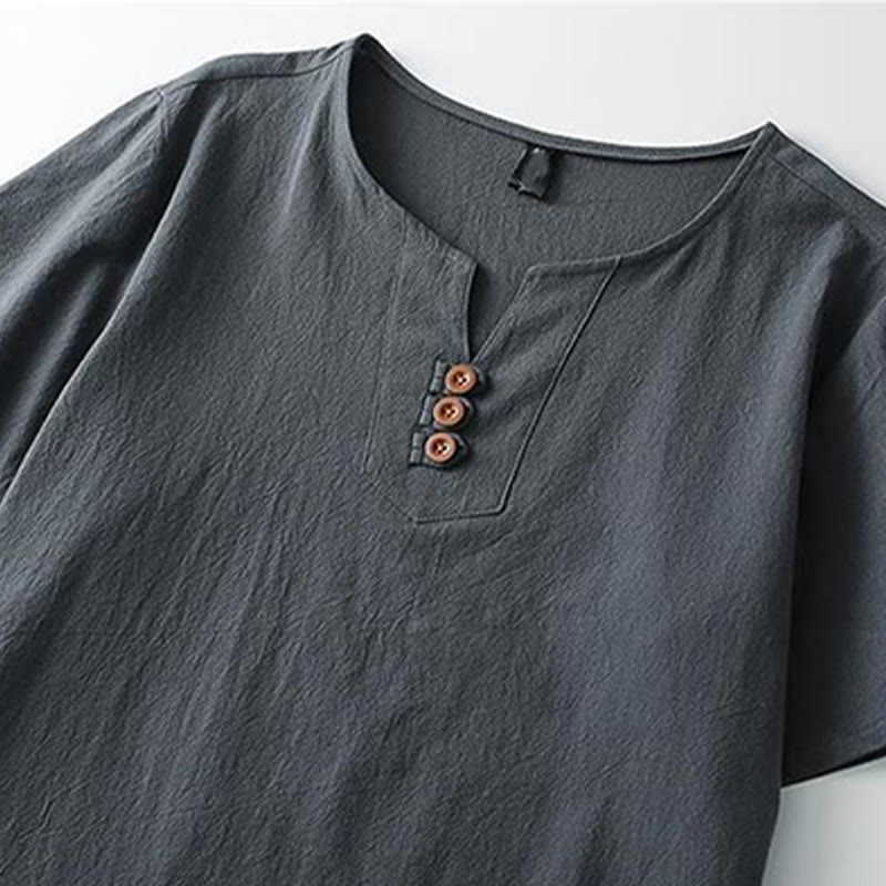Buddha Stones Solid Color V-neck Three Top Buttons Short Sleeve Cotton linen Men's Shirt - image 4