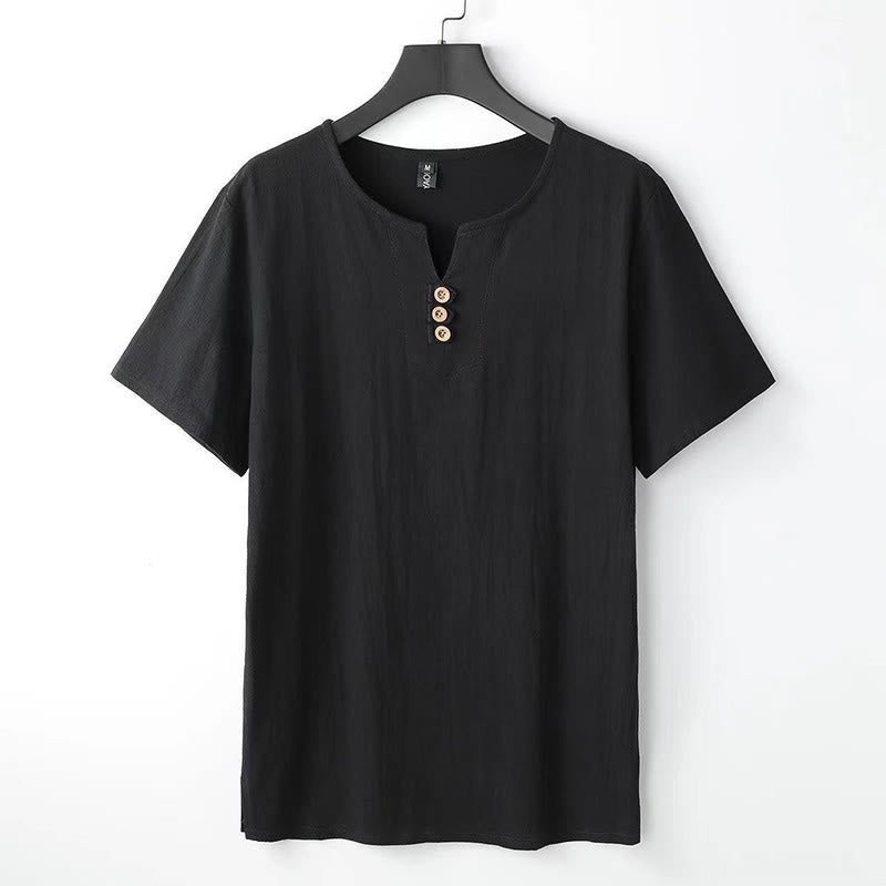 Buddha Stones Solid Color V-neck Three Top Buttons Short Sleeve Cotton linen Men's Shirt - Black - US/UK/AU44,EU54 (5XL) - image 7