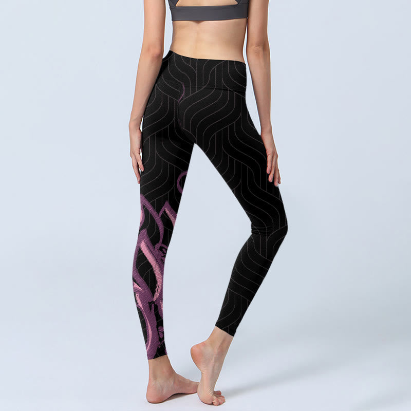 Buddha Stones Black Pink Lotus Flower Print Gym Leggings Women's Yoga Pants - image 4