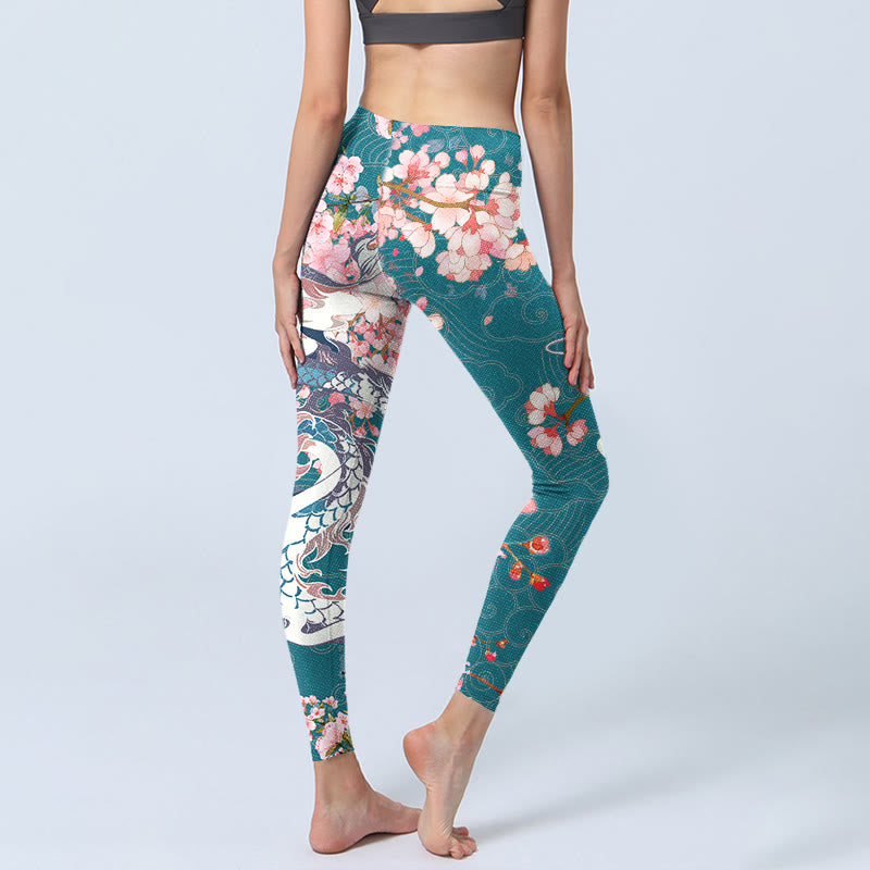 Buddha Stones Dragon Cherry Blossoms Print Gym Leggings Women's Yoga Pants - image 5