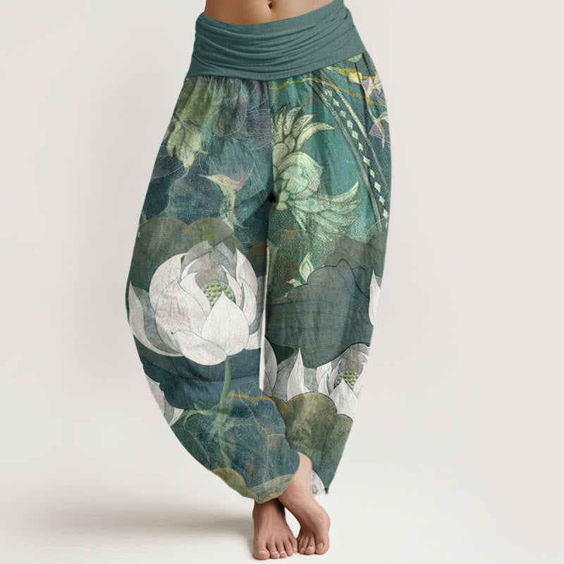Buddha Stones Cotton White Lotus Leaves Pattern Casual Women's Elastic Waist Harem Pants - SeaGreen - US22,UK/AU26,EU54 (6XL) - image 0