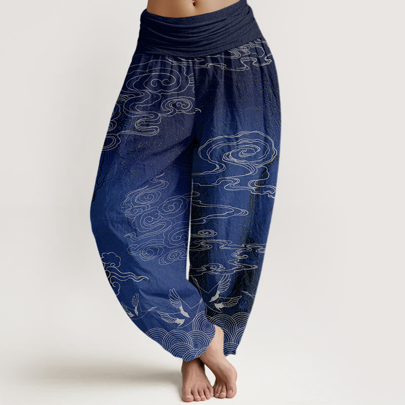 Buddha Stones White Auspicious Clouds Birds Tree Pattern Women's Elastic Waist Harem Pants - DarkBlue - US22,UK/AU26,EU54 (6XL) - image 0