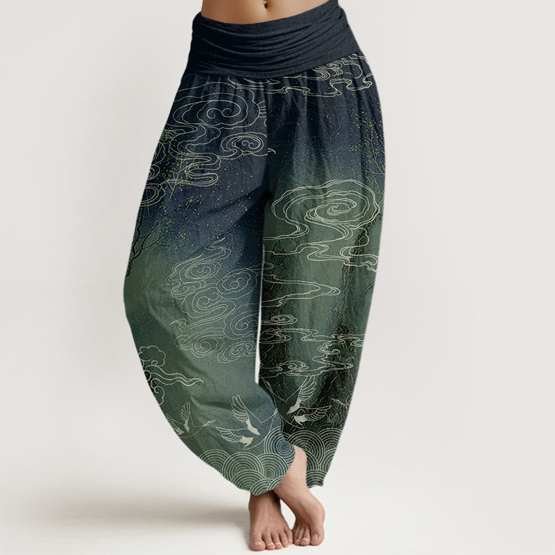 Buddha Stones White Auspicious Clouds Birds Tree Pattern Women's Elastic Waist Harem Pants - DarkGreen - US22,UK/AU26,EU54 (6XL) - image 5