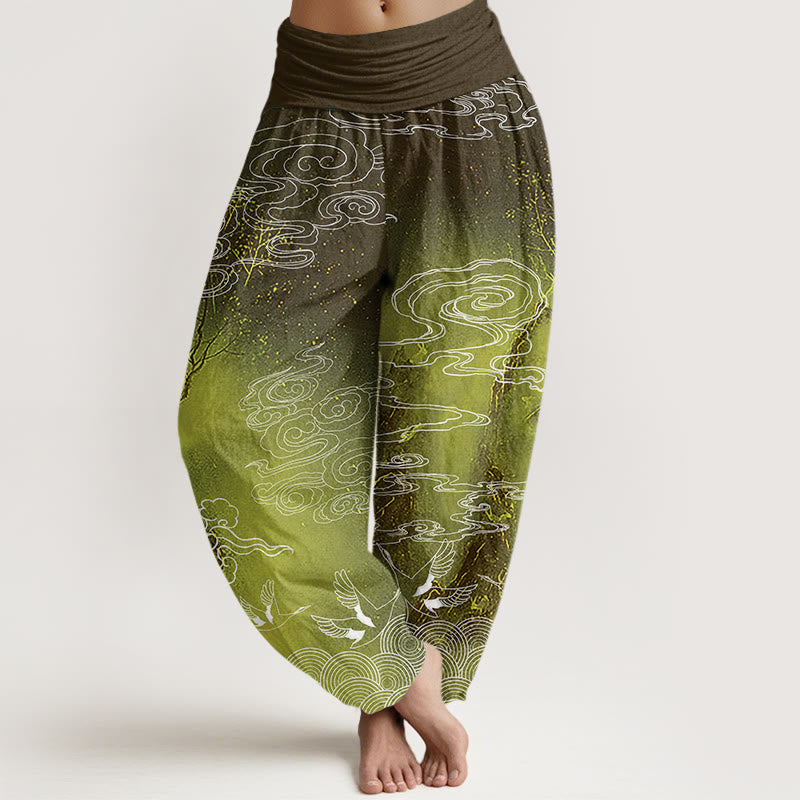 Buddha Stones White Auspicious Clouds Birds Tree Pattern Women's Elastic Waist Harem Pants - YellowGreen - US22,UK/AU26,EU54 (6XL) - image 8