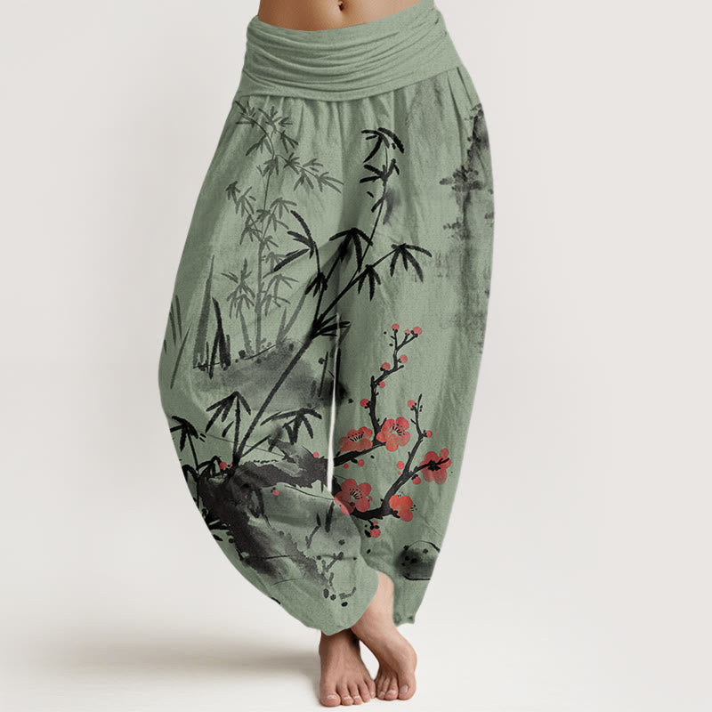 Buddha Stones Cotton Plum Blossoms Bamboo Orchids Chrysanthemums Pattern Women's Elastic Waist Harem Pants - LightGreen - US22,UK/AU26,EU54 (6XL) - image 4