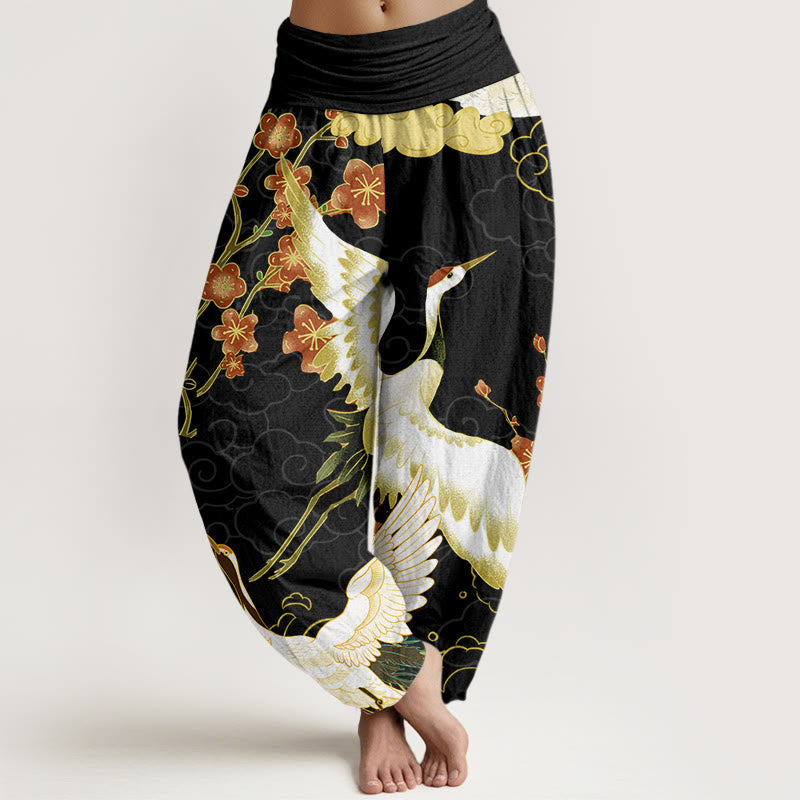 Buddha Stones Cotton Cranes Flowers Auspicious Clouds pattern Women's Elastic Waist Harem Pants - Black - US22,UK/AU26,EU54 (6XL) - image 0