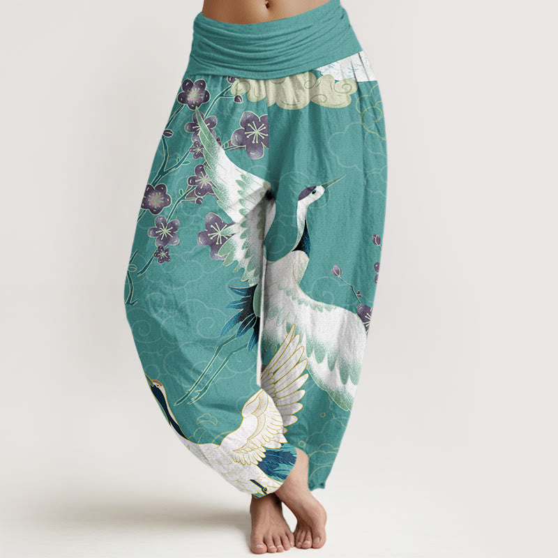 Buddha Stones Cotton Cranes Flowers Auspicious Clouds pattern Women's Elastic Waist Harem Pants - Turquoise - US22,UK/AU26,EU54 (6XL) - image 5