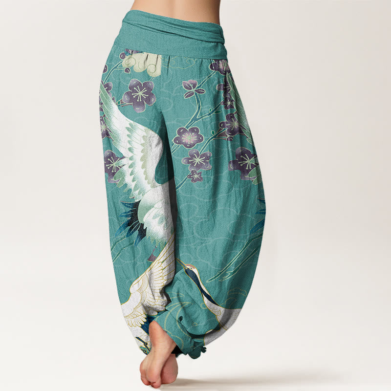 Buddha Stones Cotton Cranes Flowers Auspicious Clouds pattern Women's Elastic Waist Harem Pants - image 7