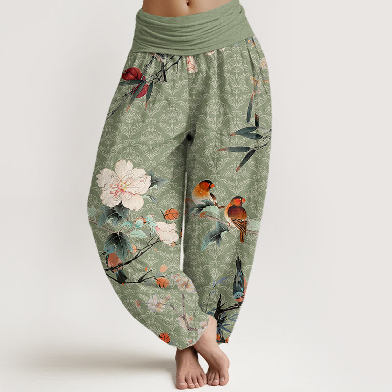 Buddha Stones Warbler Bird Blooming Flower Branches Mandala Pattern Women's Elastic Waist Harem Pants - LightGreen - US22,UK/AU26,EU54 (6XL) - image 1