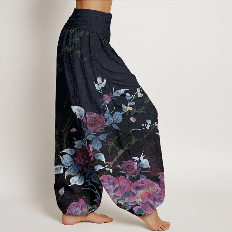 Buddha Stones Blooming Roses Pattern Women's Elastic Waist Harem Pants - image 6