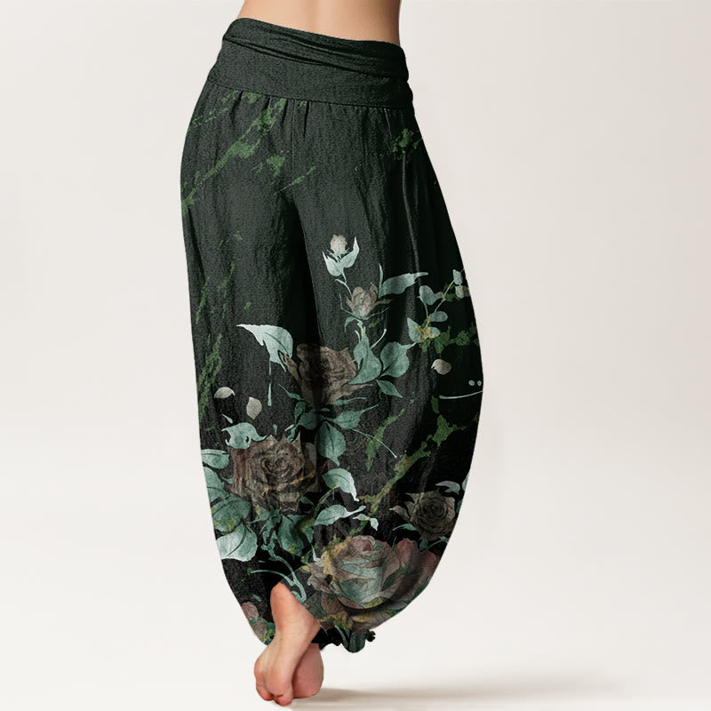 Buddha Stones Blooming Roses Pattern Women's Elastic Waist Harem Pants - image 10