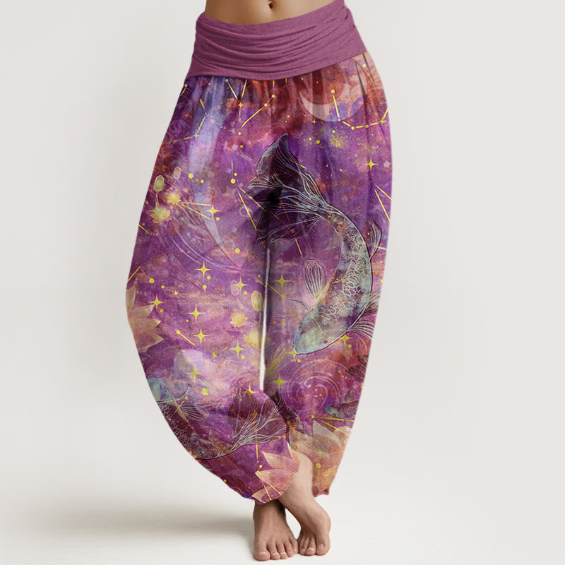 Buddha Stones Cotton Koi Fish Lotus Moon Stars Pattern Women's Elastic Waist Harem Pants - Orchid - US22,UK/AU26,EU54 (6XL) - image 4