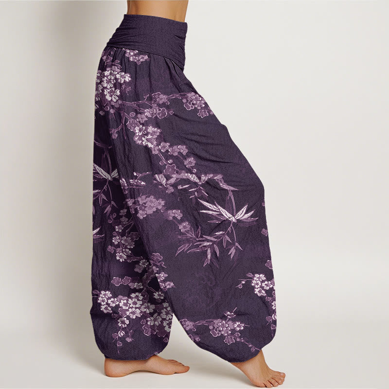 Buddha Stones White Sakura Flower Pattern Women's Elastic Waist Harem Pants - image 6
