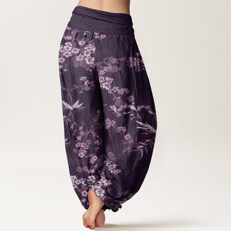 Buddha Stones White Sakura Flower Pattern Women's Elastic Waist Harem Pants - image 7