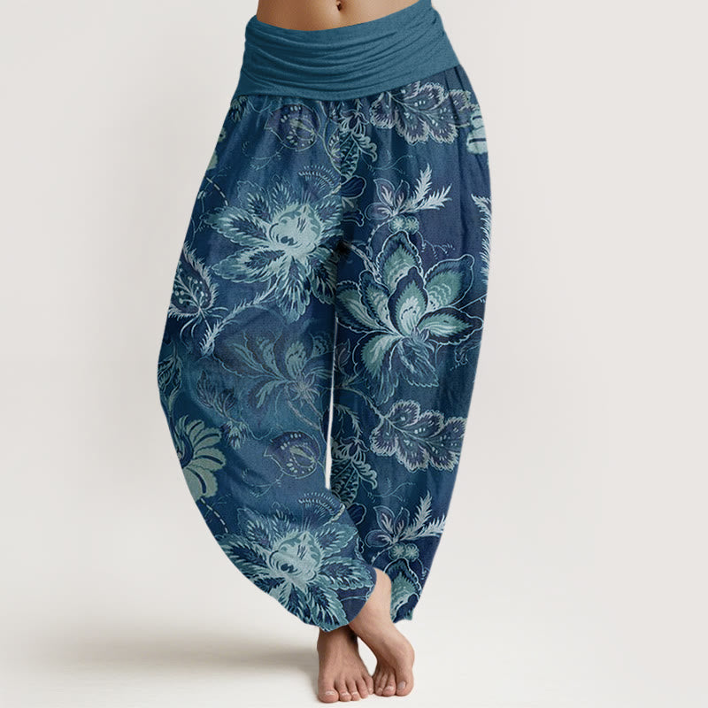 Buddha Stones Cotton Casual Floral Leaves Women's Elastic Waist Harem Pants - SteelBlue - US22,UK/AU26,EU54 (6XL) - image 4