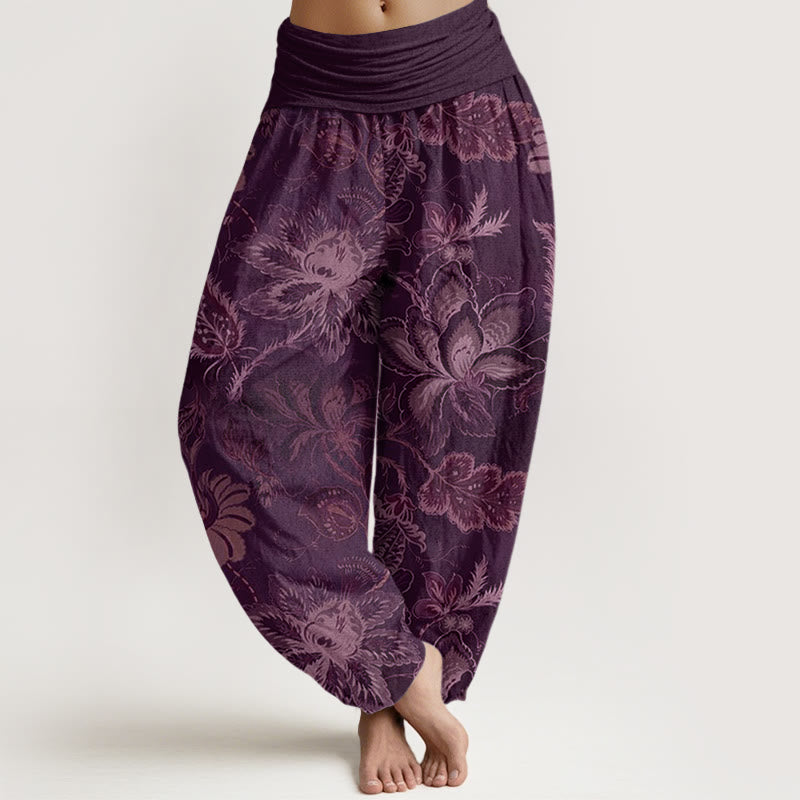Buddha Stones Cotton Casual Floral Leaves Women's Elastic Waist Harem Pants - Purple - US22,UK/AU26,EU54 (6XL) - image 7