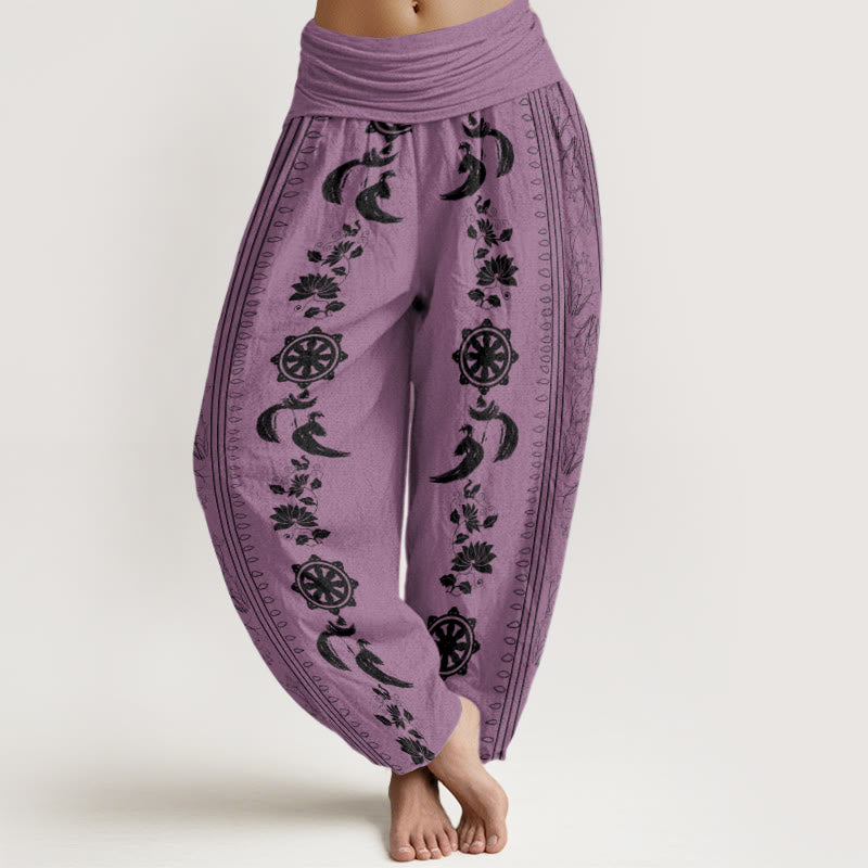Buddha Stones Cotton Dharma Wheel Lotus OM Pattern Women's Elastic Waist Harem Pants - Plum - US22,UK/AU26,EU54 (6XL) - image 5