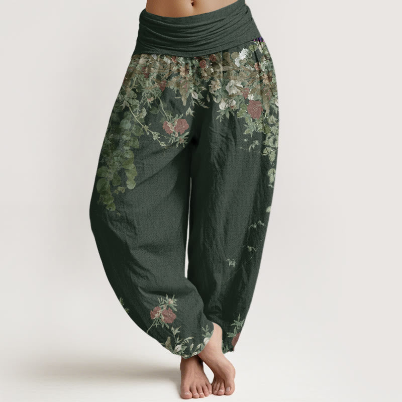 Buddha Stones Casual Red Peony Flower Vine Design Women's Elastic Waist Harem Pants - DarkSeaGreen - US22,UK/AU26,EU54 (6XL) - image 5