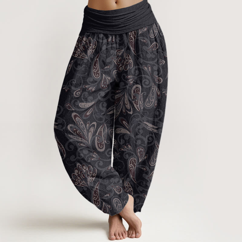 Buddha Stones Cotton Casual Flower Petals Design Women's Elastic Waist Harem Pants - Black - US22,UK/AU26,EU54 (6XL) - image 0
