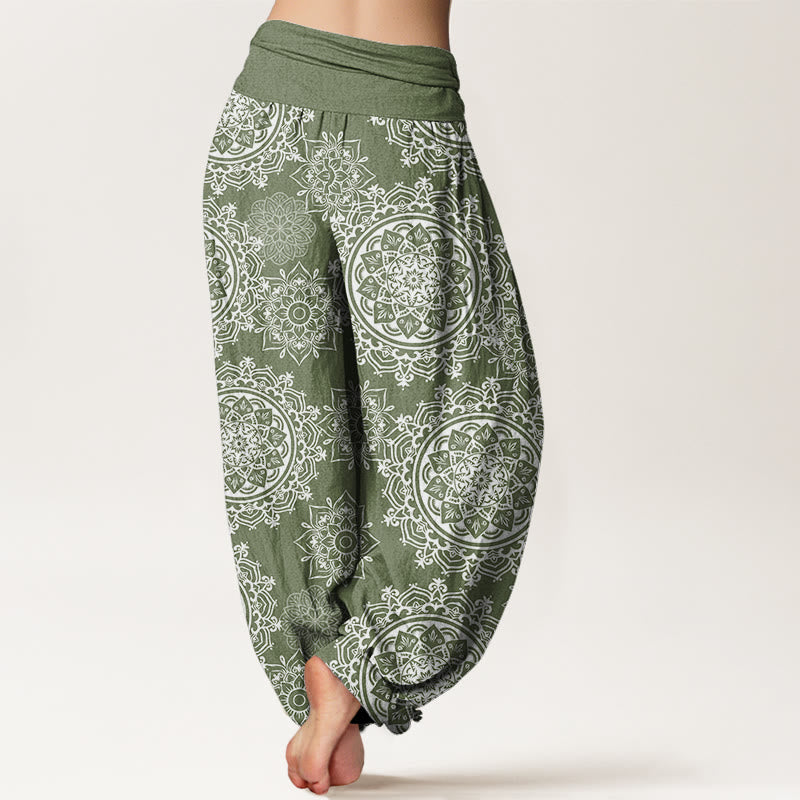 Buddha Stones Cotton Casual White Mandala Flower Design Women's Elastic Waist Harem Pants - image 2