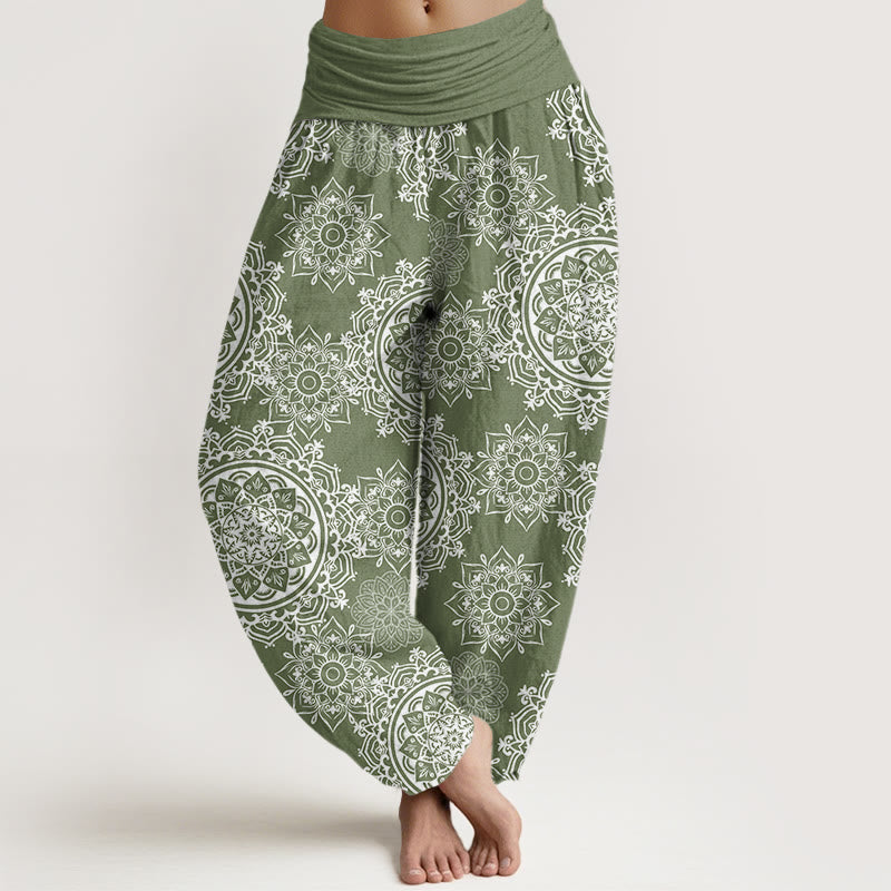 Buddha Stones Cotton Casual White Mandala Flower Design Women's Elastic Waist Harem Pants - DarkSeaGreen - US22,UK/AU26,EU54 (6XL) - image 0