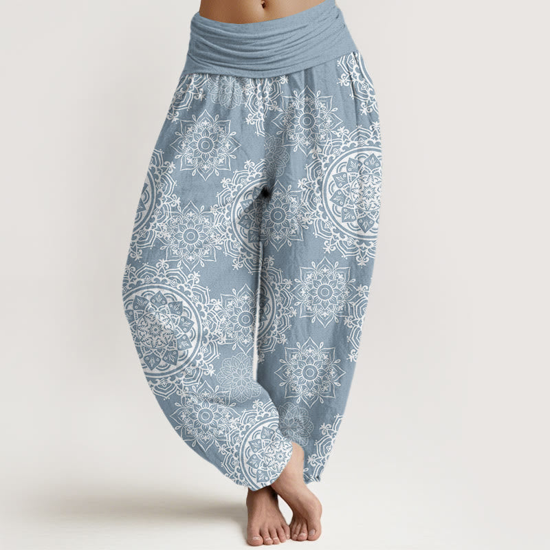 Buddha Stones Cotton Casual White Mandala Flower Design Women's Elastic Waist Harem Pants - LightBlue - US22,UK/AU26,EU54 (6XL) - image 4