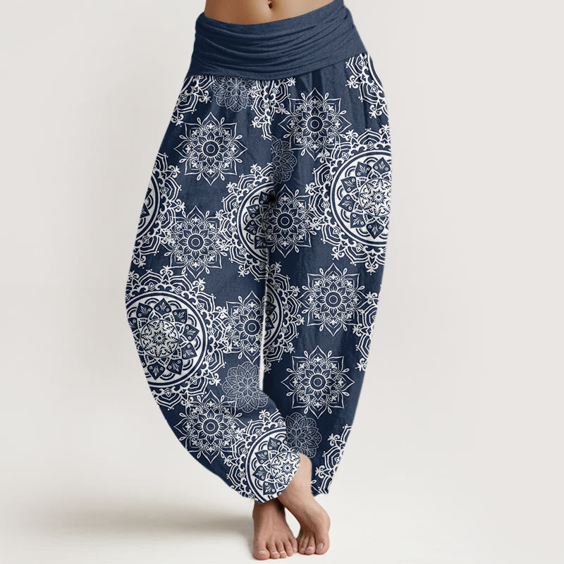 Buddha Stones Cotton Casual White Mandala Flower Design Women's Elastic Waist Harem Pants - SteelBlue - US22,UK/AU26,EU54 (6XL) - image 7