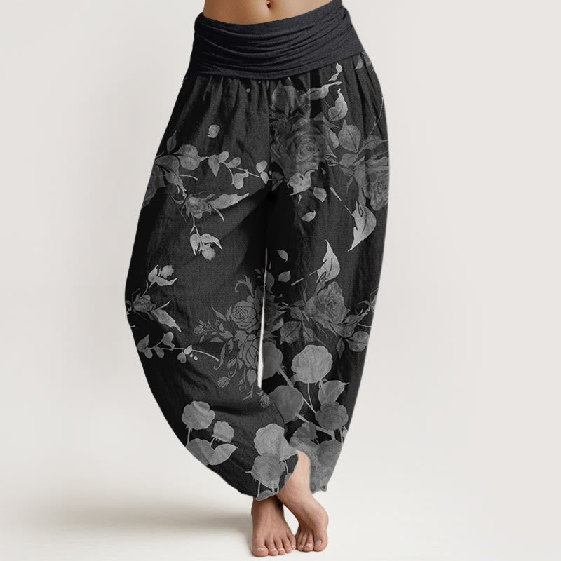 Buddha Stones Blooming Budding Flowers Pattern Women's Elastic Waist Harem Pants - Black - US22,UK/AU26,EU54 (6XL) - image 0
