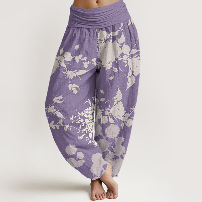 Buddha Stones Blooming Budding Flowers Pattern Women's Elastic Waist Harem Pants - Plum - US22,UK/AU26,EU54 (6XL) - image 8