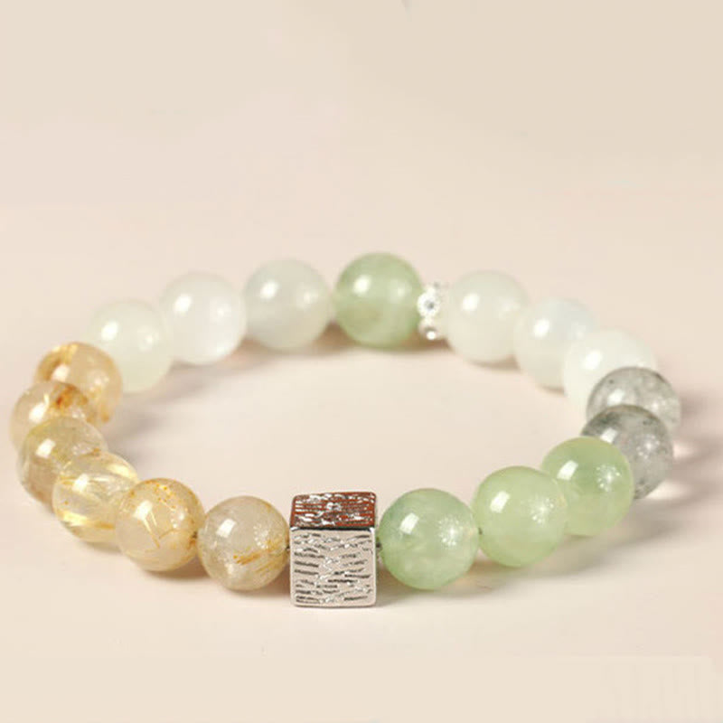 Buddha Stones Black Obsidian Black Rutilated Quartz Moonstone Cube Strength Bracelet Bracelet BS 9