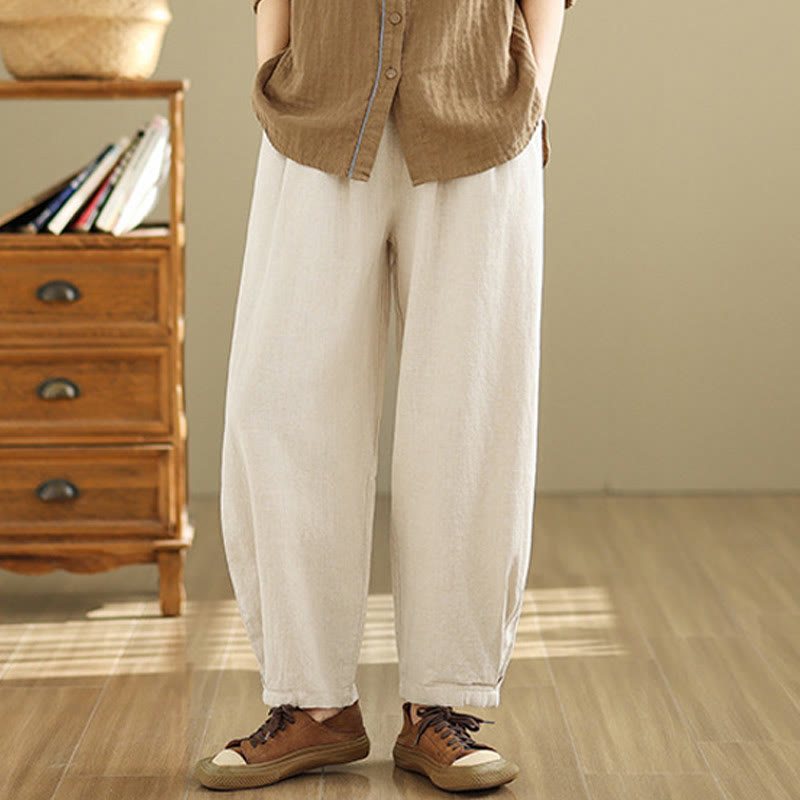 Buddha Stones Casual Solid Color Tapered Elastic Waistband Cotton Linen Women's Pants With Pockets - Beige - US8-10,UK/AU12-14,EU40-42 (2XL) - image 7